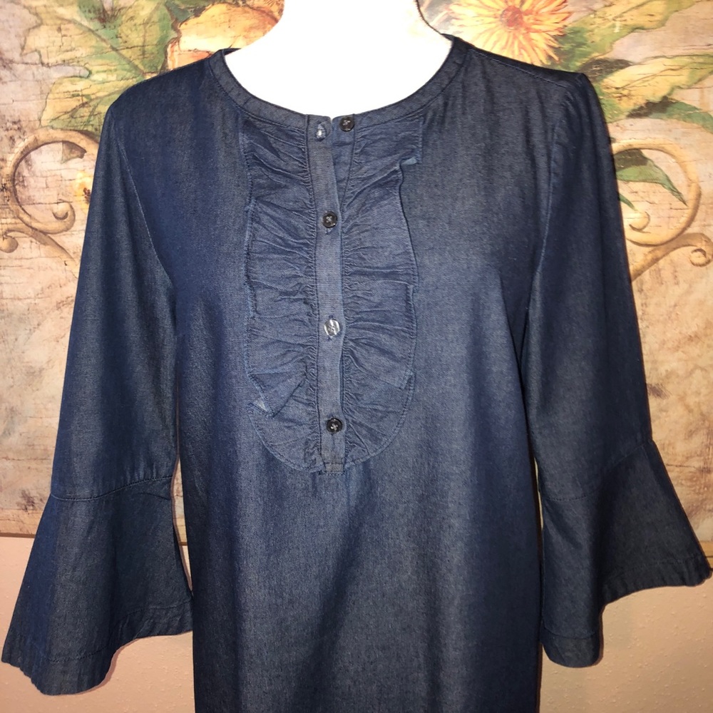 Sz 10 Draper James Chambray Ruffle Shift Dress in Dark Wash - Picture 12 of 16